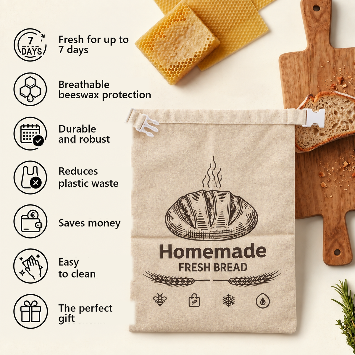 Benefits: breathable, durable, reduces plastic waste